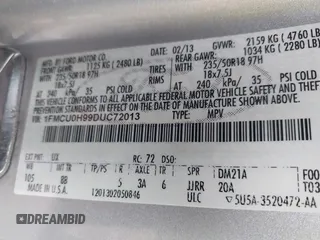 2013 Ford Escape SEL with VIN 1FMCU0H99DUC72013, listed as a IAAI auction lot 41952599 with 177,081 mi miles. Bid and sale history available at carsss.com. Image 9.