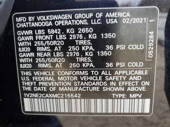 2021 Volkswagen Atlas SE z VIN 1V2NE2CAXMC215542, wystawiony jako Copart lot #84109954 z przebiegiem 63 525 mil mil oraz Szkoda całkowita • Salvage title. Historia ofert i sprzedaży dostępna na DreamBid. Obrazek 15.