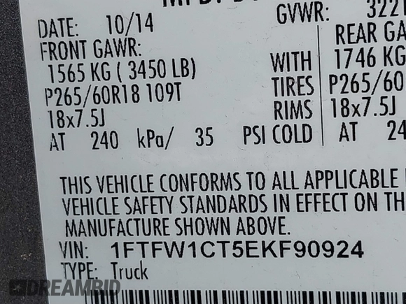 2014 Ford F-150 XL with VIN 1FTFW1CT5EKF90924, listed as a IAAI auction lot 41779079 with 250,591 mi miles. Bid and sale history available at carsss.com. Image 9.