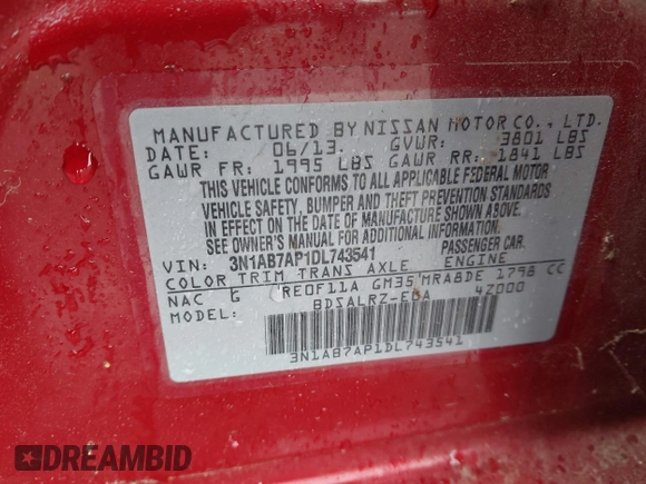 2013 Nissan Sentra SR z VIN 3N1AB7AP1DL743541, wystawiony jako IAAI lot #42216757 z przebiegiem 142 583 mil mil oraz . Historia ofert i sprzedaży dostępna na DreamBid. Obrazek 9.