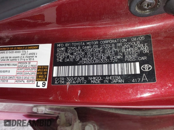 2005 Toyota Prius with VIN JTDKB20U853031729, listed as a IAAI auction lot 42122028 with 299,999 mi miles. Bid and sale history available at carsss.com. Image 9.