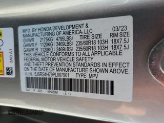 2023 Honda CR-V EX-L with VIN 5J6RS4H79PL007901, listed as a Copart auction lot 49999015 with 19,388 mi miles and Salvage Title. Bid and sale history available at carsss.com. Image 13.