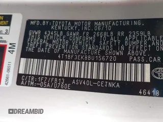 2011 Toyota Camry LE with VIN 4T1BF3EK8BU156720, listed as a IAAI auction lot 39464949 with 200,874 mi miles and . Bid and sale history available at DreamBid. Image 9.