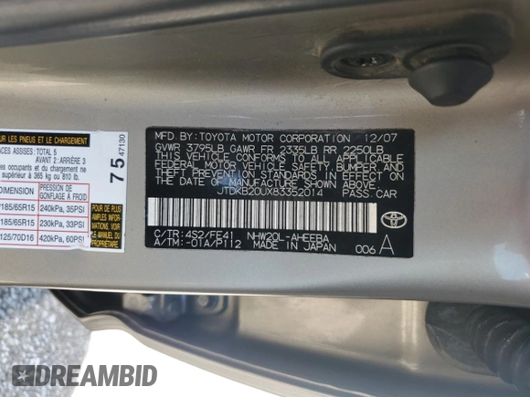 2008 Toyota Prius with VIN JTDKB20UX83352014, listed as a Copart auction lot 56644064 with 123,228 mi miles and Salvage title. Bid and sale history available at DreamBid. Image 13.