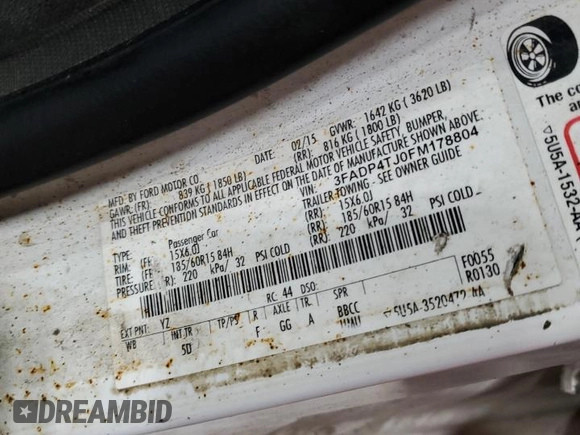 2015 Ford Fiesta S with VIN 3FADP4TJ0FM178804, listed as a Copart auction lot 57560195 with 126,865 mi miles and Salvage title. Bid and sale history available at DreamBid. Image 12.