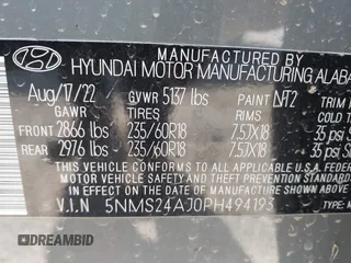 2023 Hyundai Santa Fe SEL with VIN 5NMS24AJ0PH494193, listed as a IAAI auction lot 42187630 with 33,078 mi miles and . Bid and sale history available at DreamBid. Image 9.
