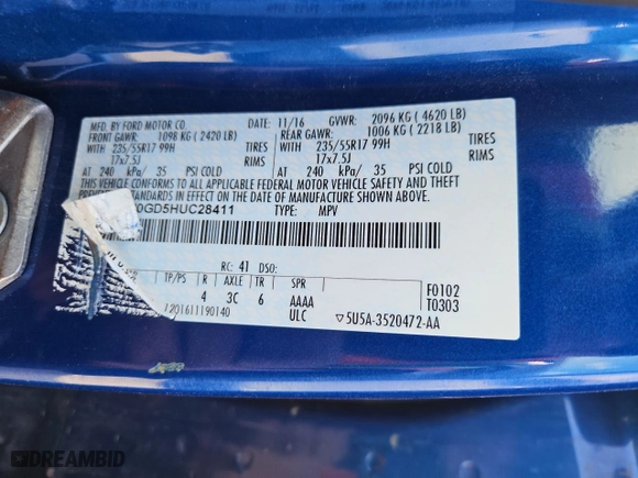 2017 Ford Escape SE with VIN 1FMCU0GD5HUC28411, listed as a Copart auction lot 50973105 with 125,515 mi miles and Salvage Title. Bid and sale history available at carsss.com. Image 15.