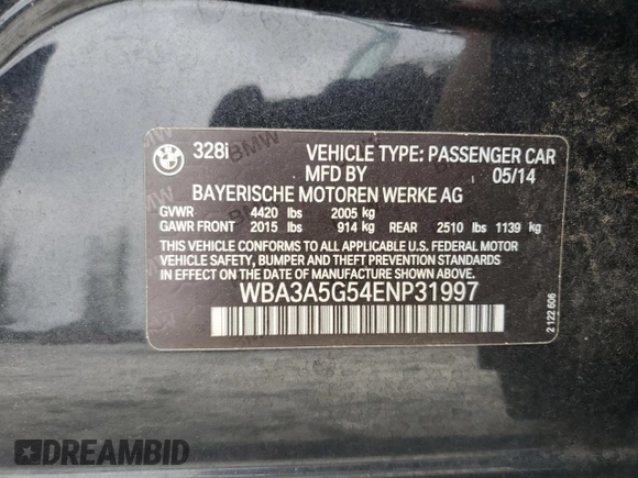 2014 BMW 3 Series 328i with VIN WBA3A5G54ENP31997, listed as a Copart auction lot 60720765 with 107,183 mi miles and Salvage title. Bid and sale history available at DreamBid. Image 12.
