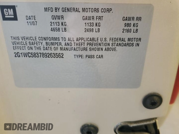 2008 Chevrolet Impala LT with VIN 2G1WC583789263562, listed as a Copart auction lot 50952685 with 143,310 mi miles and Salvage Title. Bid and sale history available at DreamBid. Image 12.