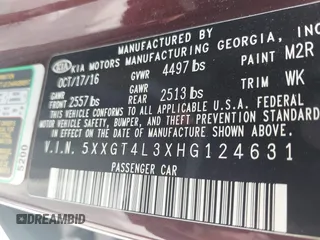 2017 Kia Optima LX with VIN 5XXGT4L3XHG124631, listed as a IAAI auction lot 42383856 with 116,563 mi miles and . Bid and sale history available at DreamBid. Image 9.