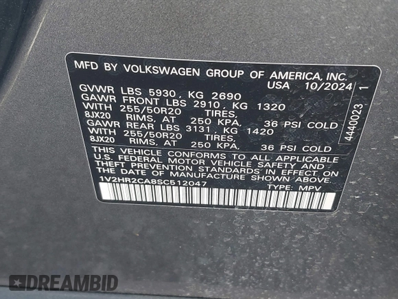 2025 Volkswagen Atlas SE with VIN 1V2HR2CA8SC512047, listed as a IAAI auction lot 42666603 with 6,398 mi miles and . Bid and sale history available at DreamBid. Image 9.