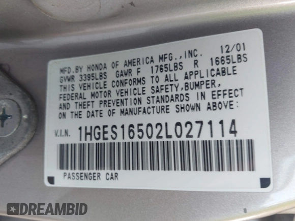 2002 Honda Civic LX with VIN 1HGES16502L027114, listed as a IAAI auction lot 42189609 with 200,417 mi miles and . Bid and sale history available at DreamBid. Image 9.