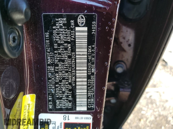 2018 Toyota Avalon XLE with VIN 4T1BK1EB1JU284926, listed as a Copart auction lot 41786305 with 159,187 mi miles and Salvage Title. Bid and sale history available at DreamBid. Image 13.