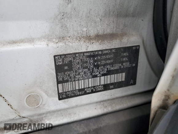 2019 Toyota RAV4 XLE with VIN 2T3P1RFV6KC060285, listed as a Copart auction lot 59195955 with 136,942 mi miles and Salvage title. Bid and sale history available at DreamBid. Image 12.
