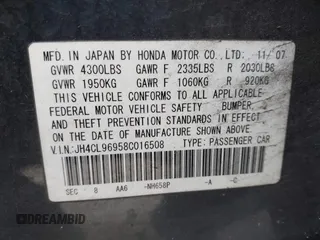 2008 Acura TSX Nav with VIN JH4CL96958C016508, listed as a IAAI auction lot 41764308 with 187,923 mi miles and . Bid and sale history available at DreamBid. Image 9.