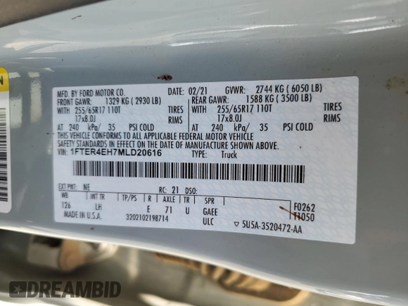 2021 Ford Ranger XL with VIN 1FTER4EH7MLD20616, listed as a Copart auction lot 57548345 with 165,106 mi miles and Salvage title. Bid and sale history available at DreamBid. Image 12.
