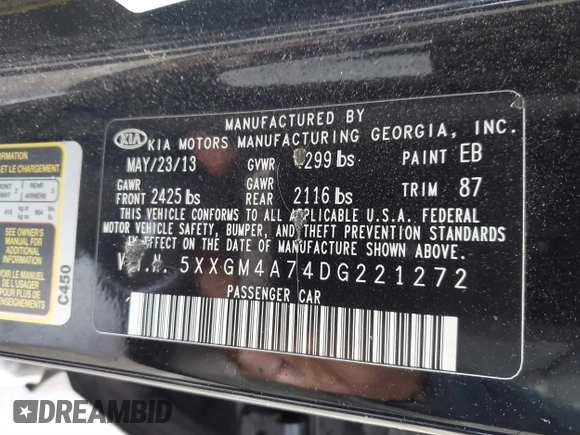 2013 Kia Optima LX z VIN 5XXGM4A74DG221272, wystawiony jako IAAI lot #41470828 z przebiegiem 76 452 mil mil oraz . Historia ofert i sprzedaży dostępna na DreamBid. Obrazek 9.