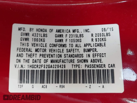 2016 Honda Accord Sport z VIN 1HGCR2F52GA029426, wystawiony jako IAAI lot #42268457 z przebiegiem 40 579 mil mil oraz . Historia ofert i sprzedaży dostępna na DreamBid. Obrazek 9.