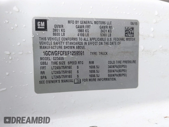 2015 Chevrolet Express Cargo Van with VIN 1GCWGFCFXF1259591, listed as a IAAI auction lot 42029679 with 144,023 mi miles. Bid and sale history available at carsss.com. Image 9.