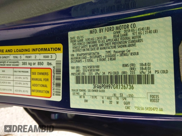 2016 Ford Fusion SE with VIN 3FA6P0H97GR126736, listed as a IAAI auction lot 42199605 with 122,267 mi miles and . Bid and sale history available at DreamBid. Image 9.