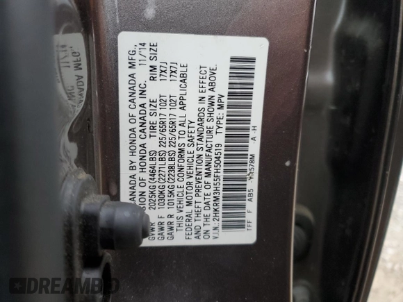 2015 Honda CR-V EX with VIN 2HKRM3H55FH504519, listed as a Copart auction lot 86599514 with 182,475 mi miles and Salvage Title. Bid and sale history available at carsss.com. Image 14.