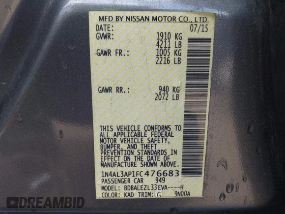 2015 Nissan Altima 2.5 SV with VIN 1N4AL3AP1FC476683, listed as a IAAI auction lot 42147221 with 212,559 mi miles. Bid and sale history available at carsss.com. Image 9.