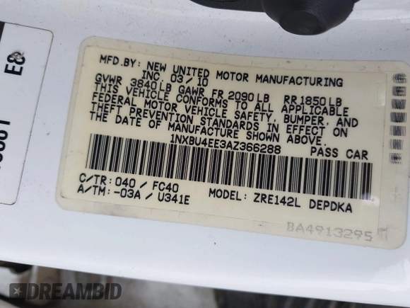 2010 Toyota Corolla with VIN 1NXBU4EE3AZ366288, listed as a IAAI auction lot 41880883 with 207,127 mi miles. Bid and sale history available at carsss.com. Image 9.