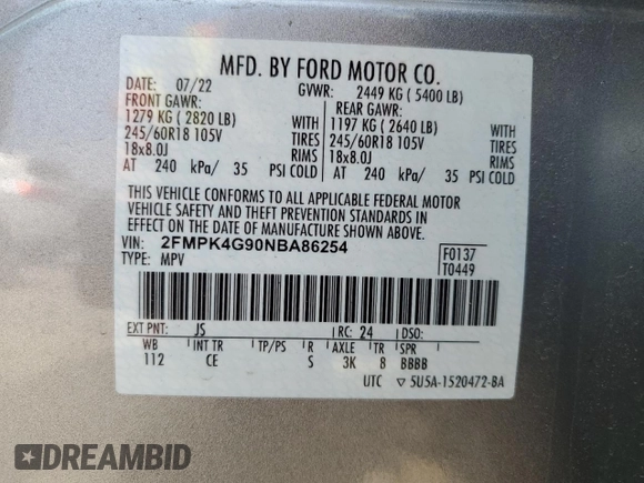 2022 Ford Edge SE с VIN 2FMPK4G90NBA86254, выставлен на аукционе Copart как лот 55051295 с пробегом 29 394 миль миль и Списание • Salvage title. История ставок и продаж доступна на DreamBid. Изображение 16.