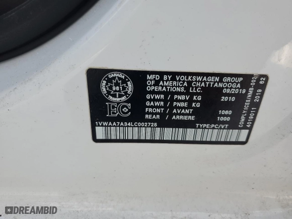 2020 Volkswagen Passat 2.0T S with VIN 1VWAA7A34LC002725, listed as a Copart auction lot 89386975 with 0 mi miles and Salvage Title. Bid and sale history available at carsss.com. Image 12.