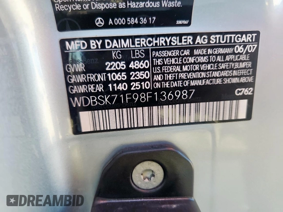 2008 Mercedes-Benz SL 550 z VIN WDBSK71F98F136987, wystawiony jako Copart lot #65586375 z przebiegiem 96 063 mil mil oraz Szkoda całkowita • Salvage title. Historia ofert i sprzedaży dostępna na DreamBid. Obrazek 12.