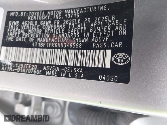 2017 Toyota Camry XLE with VIN 4T1BF1FK6HU348598, listed as a IAAI auction lot 42033513 with 114,475 mi miles and . Bid and sale history available at DreamBid. Image 9.