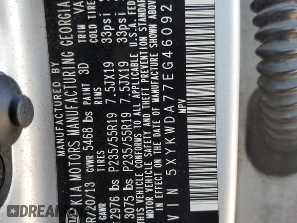 2014 Kia Sorento SX Limited with VIN 5XYKWDA77EG460929, listed as a Copart auction lot 76014814 with 168,321 mi miles and Salvage title. Bid and sale history available at DreamBid. Image 14.