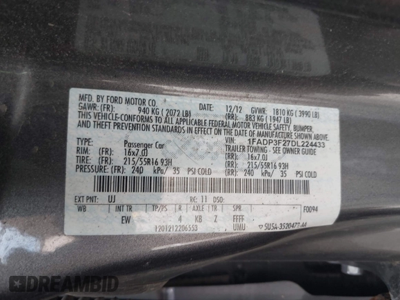 2013 Ford Focus SE with VIN 1FADP3F27DL224433, listed as a IAAI auction lot 42652229 with 127,887 mi miles and . Bid and sale history available at DreamBid. Image 9.