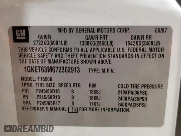 2007 GMC Envoy Denali with VIN 1GKET63M672302913, listed as a Copart auction lot 45098115 with 137,810 mi miles and Salvage Title. Bid and sale history available at carsss.com. Image 13.