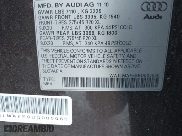 2011 Audi Q7 3.0L TDI Premium Plus with VIN WA1LMAFE9BD005066, listed as a IAAI auction lot 41781981 with 164,428 mi miles. Bid and sale history available at carsss.com. Image 9.