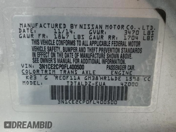2015 Nissan Note SV with VIN 3N1CE2CP0FL400500, listed as a Copart auction lot 54735305 with 156,202 mi miles and Salvage Title. Bid and sale history available at DreamBid. Image 12.