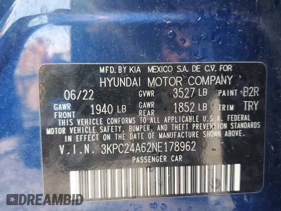 2022 Hyundai Accent SE with VIN 3KPC24A62NE178962, listed as a Copart auction lot 51630585 with Not Provided miles and Salvage Title. Bid and sale history available at DreamBid. Image 14.