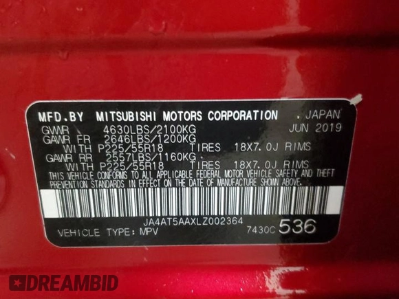 2020 Mitsubishi Eclipse Cross SE с VIN JA4AT5AAXLZ002364, выставлен на аукционе Copart как лот 51996905 с пробегом 103 470 миль миль и Чистый • Clean title. История ставок и продаж доступна на DreamBid. Изображение 14.