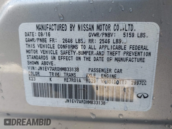 2017 Infiniti Q50 Premium with VIN JN1EV7AR0HM833138, listed as a IAAI auction lot 41464524 with 150,210 mi miles and . Bid and sale history available at DreamBid. Image 9.