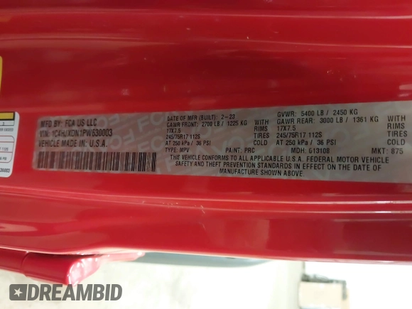 2023 Jeep Wrangler Sport S with VIN 1C4HJXDN1PW630003, listed as a IAAI auction lot 40989202 with 48,000 mi miles and . Bid and sale history available at DreamBid. Image 9.