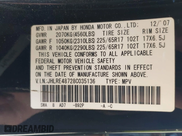 2008 Honda CR-V EX-L with VIN JHLRE48728C035136, listed as a IAAI auction lot 42106054 with 262,791 mi miles. Bid and sale history available at carsss.com. Image 9.