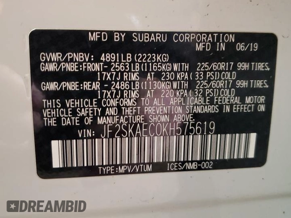 2019 Subaru Forester Premium with VIN JF2SKAEC0KH575619, listed as a Copart auction lot 54517495 with 88,455 mi miles and Salvage title. Bid and sale history available at DreamBid. Image 14.