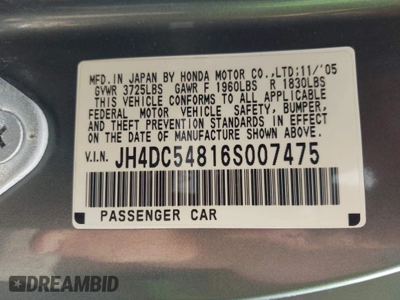 2006 Acura RSX with VIN JH4DC54816S007475, listed as a IAAI auction lot 41960639 with 230,939 mi miles. Bid and sale history available at carsss.com. Image 9.