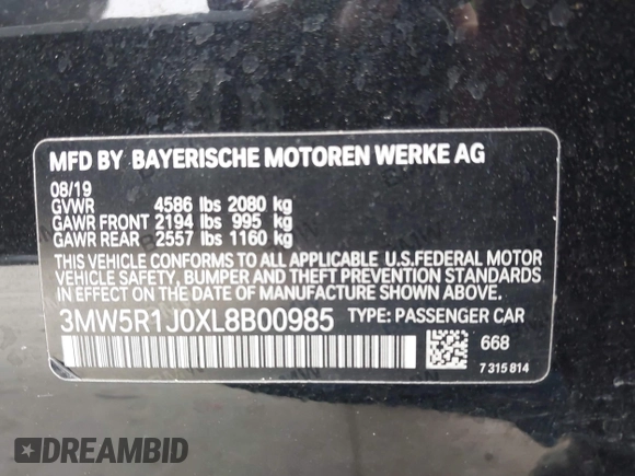 2020 BMW 3 Series 330i with VIN 3MW5R1J0XL8B00985, listed as a IAAI auction lot 42300540 with 50,732 mi miles and . Bid and sale history available at DreamBid. Image 9.