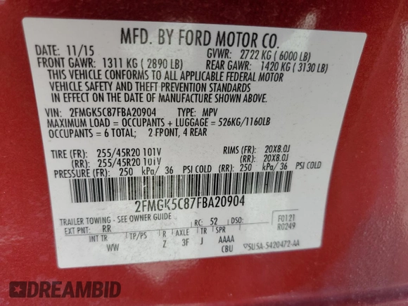 2015 Ford Flex SEL with VIN 2FMGK5C87FBA20904, listed as a Copart auction lot 48065785 with 88,209 mi miles and Salvage Title. Bid and sale history available at carsss.com. Image 13.