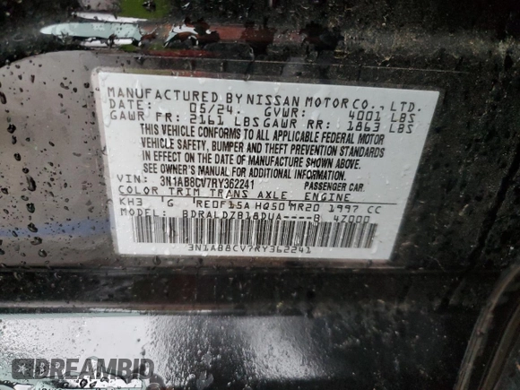 2024 Nissan Sentra SV with VIN 3N1AB8CV7RY362241, listed as a Copart auction lot 57990825 with 6,214 mi miles and Salvage title. Bid and sale history available at DreamBid. Image 12.