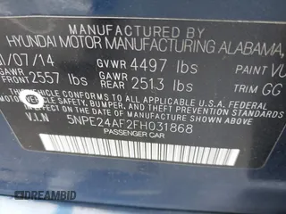 2015 Hyundai Sonata SE with VIN 5NPE24AF2FH031868, listed as a IAAI auction lot 42047793 with 241,219 mi miles and . Bid and sale history available at DreamBid. Image 9.