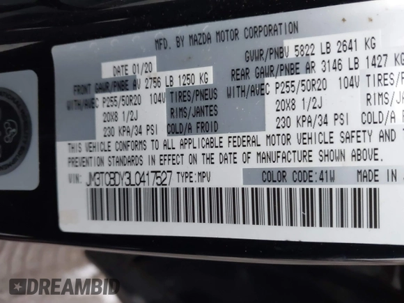 2020 Mazda CX-9 Grand Touring with VIN JM3TCBDY3L0417527, listed as a IAAI auction lot 41171138 with 51,166 mi miles. Bid and sale history available at carsss.com. Image 9.