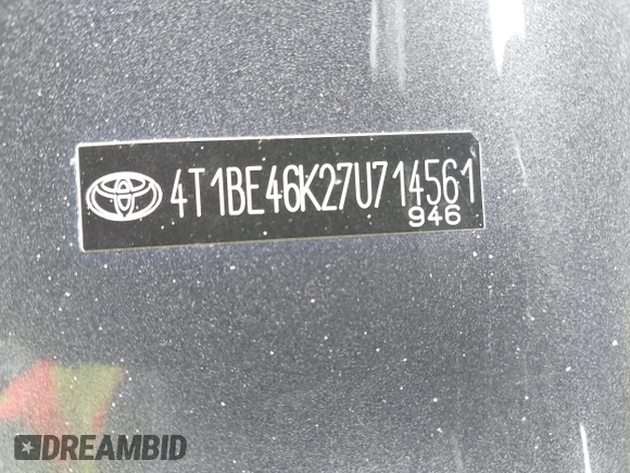 2007 Toyota Camry CE with VIN 4T1BE46K27U714561, listed as a IAAI auction lot 42164170 with 191,094 mi miles and . Bid and sale history available at DreamBid. Image 9.
