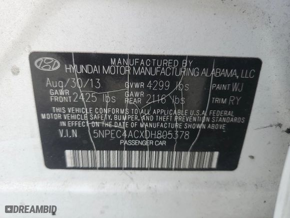 2013 Hyundai Sonata Limited with VIN 5NPEC4ACXDH805378, listed as a Copart auction lot 87279874 with 0 mi miles and Clean Title. Bid and sale history available at carsss.com. Image 13.